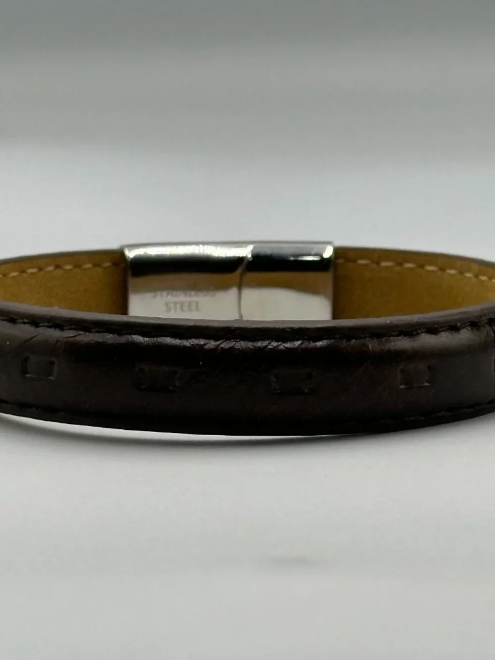 3/$30 Men Brown Leather Bracelet Stitched Stainless Steel Snap Clasp 8.25